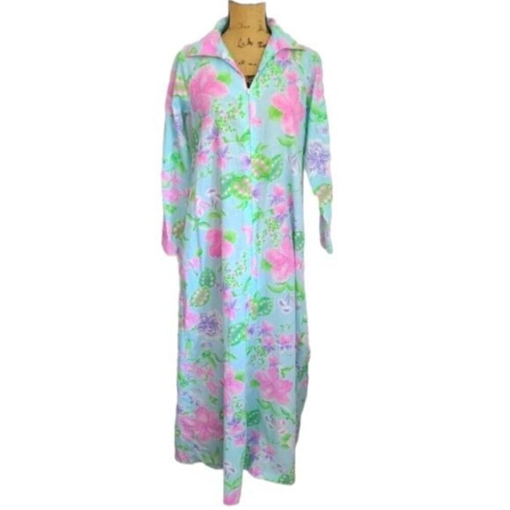 Vintage 70s Pastel Blue Hibiscus Long Sleeve Maxi Night Gown or Dress